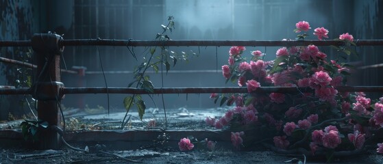 Wall Mural - A fence with a bunch of pink flowers on it