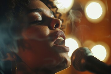 Poster - A passionate singer with a microphone, illuminated by vivid and colorful stage lighting