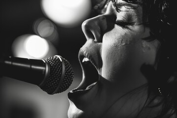 Poster - Intense monochromatic image of a singer at a microphone during a performance
