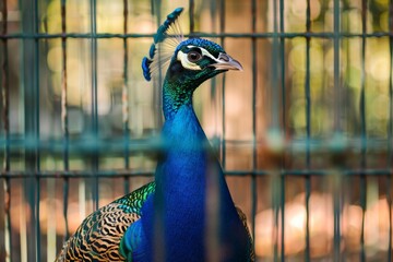 Poster - A striking peacock is captured behind the bar, its vibrant colors contrasting the confines of captivity