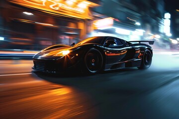 Wall Mural - A high-speed sports car driving at night, Dynamic high-speed motion blur of a vibrant sports car on a city road, AI generated