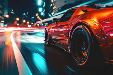 Wall Mural - A high-speed sports car driving at night, Dynamic high-speed motion blur of a vibrant sports car on a city road, AI generated