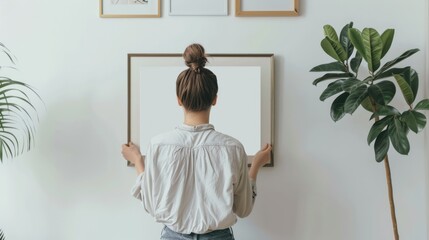 Young woman hanging blank frame