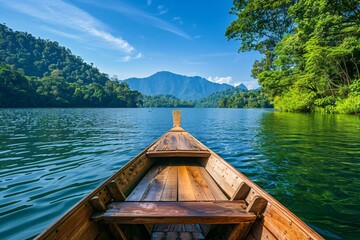 Wall Mural - Serene Lakeside Journey: A Wooden Boat Floating on Tranquil Waters