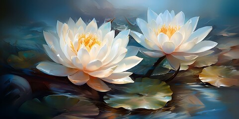AI generated illustration of two flowers and leaves floating in water side by side
