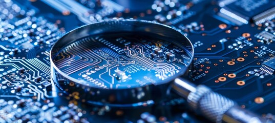 Poster - Macro view of computer microchips examined through magnifying glass with space for text