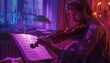 © Nawarit - A violinist practicing alone in a quiet room, with sheets of music scattered around, blacklight effect