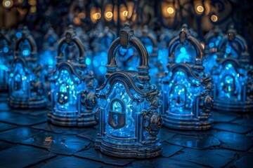 Wall Mural - Multiple blue padlocks on a digital background, representing the layers of security in digital information systems