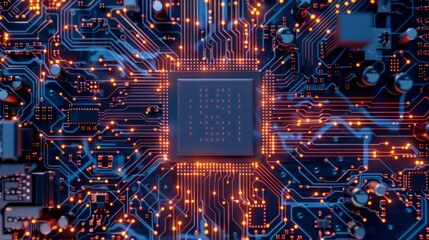 Poster - A close up of a computer chip with a bright orange glow