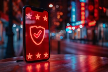 Sticker - Digital illustration of a secure smartphone with a heart icon, glowing in a dark urban setting, representing data protection and digital security