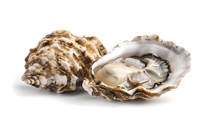 Two oysters displayed on a white background. One oyster is closed and the other is open, showing its interior. Seafood lovers delight. Fresh and delicious. AI