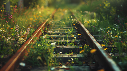 railroad tracks, overgrown with thick green grass, worn by age, from far away cities, color