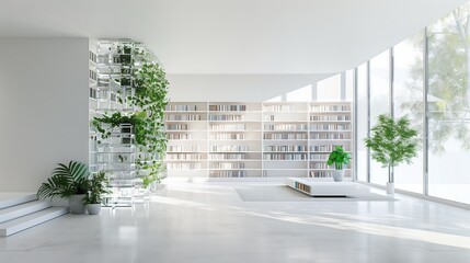 Poster - A modern, minimalist library with bright open areas, floating bookshelves, and indoor plants for serenity.
