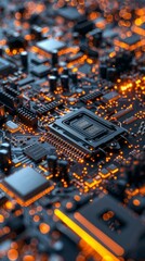 Poster - A close up of a computer chip with a bright orange glow