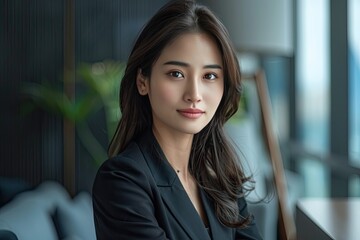 Wall Mural - A woman in a black suit is sitting at a table. She is smiling and looking directly at the camera