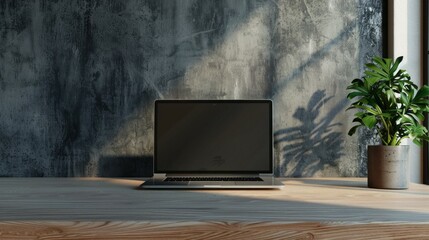 Poster - A laptop is sitting on a wooden desk in front of a plant