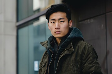 Wall Mural - Portrait of a stylish young man with a serious expression on a city street backdrop