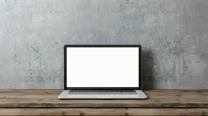 Wall Mural - A laptop is open on a wooden desk with a white screen