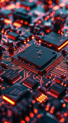 Poster - A close up of a computer chip with a red glow. Concept of technology and innovation, as well as the complexity of modern electronics. The bright red color of the chip adds to the overall futuristic