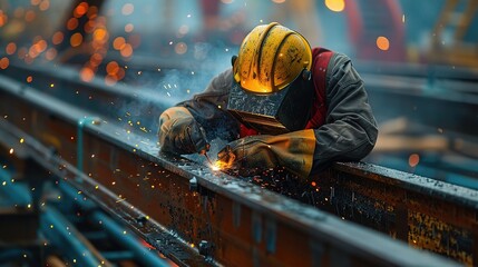 Wall Mural - construction worker wearing safety gear and a hard hat using a welding torch to join metal beams together at a construction site