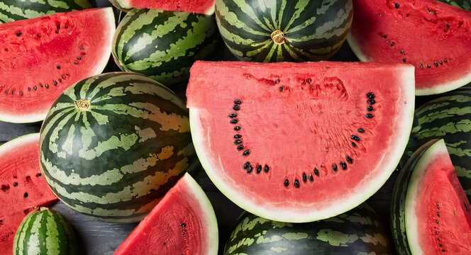 red, ripe watermelons, green striped watermelons, summer mood, background, wallpaper, stickers
