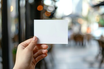 Blank Business card, Paper card template in hand grab on blur outdoor city background.