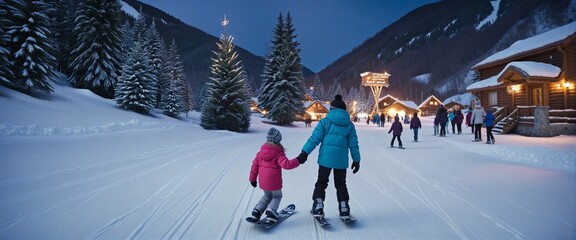 Panorama Winter night, Christmas and new year celebrating in village with happy kids sledding boy and girl playing ice skates in the winter park, teenagers skiing on the hill, abstract sign in the bac