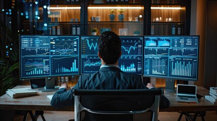 Wall Mural - A man is sitting at a desk with three computer monitors in front of him. He is focused on the screens, possibly working on a project or analyzing data. The room is well-lit