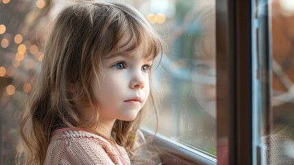 Beautiful little girl was looking out the window blankly