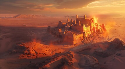 Wall Mural - A sandstone fortress glows golden under the setting sun, majestic against the stark desert landscape.