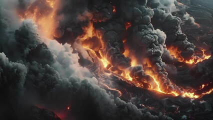 Wall Mural - swirling clouds of ash intertwined with bursts of fiery lava.
