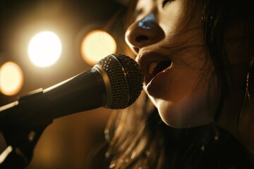 Poster - A close-up view of a microphone with bokeh lights blurring the background suggests a live performance
