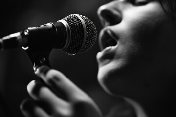 Poster - Black and white photo emphasizing the hand holding a microphone, with the background out of focus