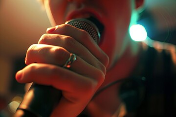 Poster - Emphasis on a singer's hands and mouth close to a microphone, with vivid lighting setting the stage