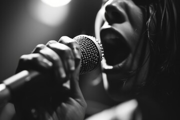 Poster - A monochrome close-up image capturing the intensity of a vocalist singing into a microphone, focusing on the mouth and mic