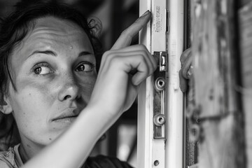 Poster - A thoughtful woman peers out in a black and white image, evoking curiosity and reflection