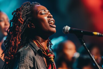 Poster - A female singer with dreadlocks is performing live on stage with a microphone and colorful stage lighting