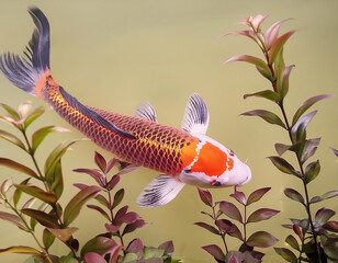 Wall Mural - fantasy illustration of a big goldfish with plants of yellow background