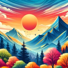 Wall Mural - landscape with sun and rainbow