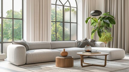 Wall Mural - Bright living room interior with a gray sofa center table and large window