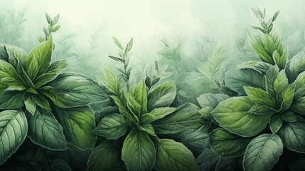 Poster - Basil Plants in a Misty Garden