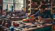 © mattegg - Model Car Hobbyist: Meticulous Assembly at Workshop Table