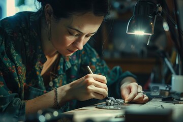 Poster - An artisan is shown carefully crafting jewelry under a lamp, highlighting the fine detail work involved