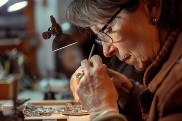 Poster - An artisan carefully shapes metal jewelry at a bench filled with various tools and equipment