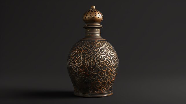A 3D render of a traditional Drung medicine bottle on a wooden table