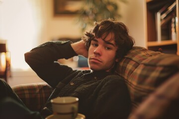 A young man relaxes in a chair with a contemplative expression, holding his head in a cozy home environment