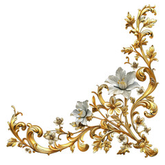 Ornate gold floral frame with intricate details isolated on a transparent background 