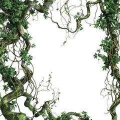 mystical vine frame with lush greenery, creating a natural, transparent background, white background