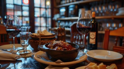 A cozy Portuguese restaurant setting with a table featuring Pato as the centerpiece, surrounded by wine glasses and rustic decor