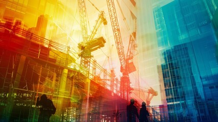 Colorful abstract construction site with cranes, buildings, and blurred silhouettes, symbolizing urban development and industrialization.